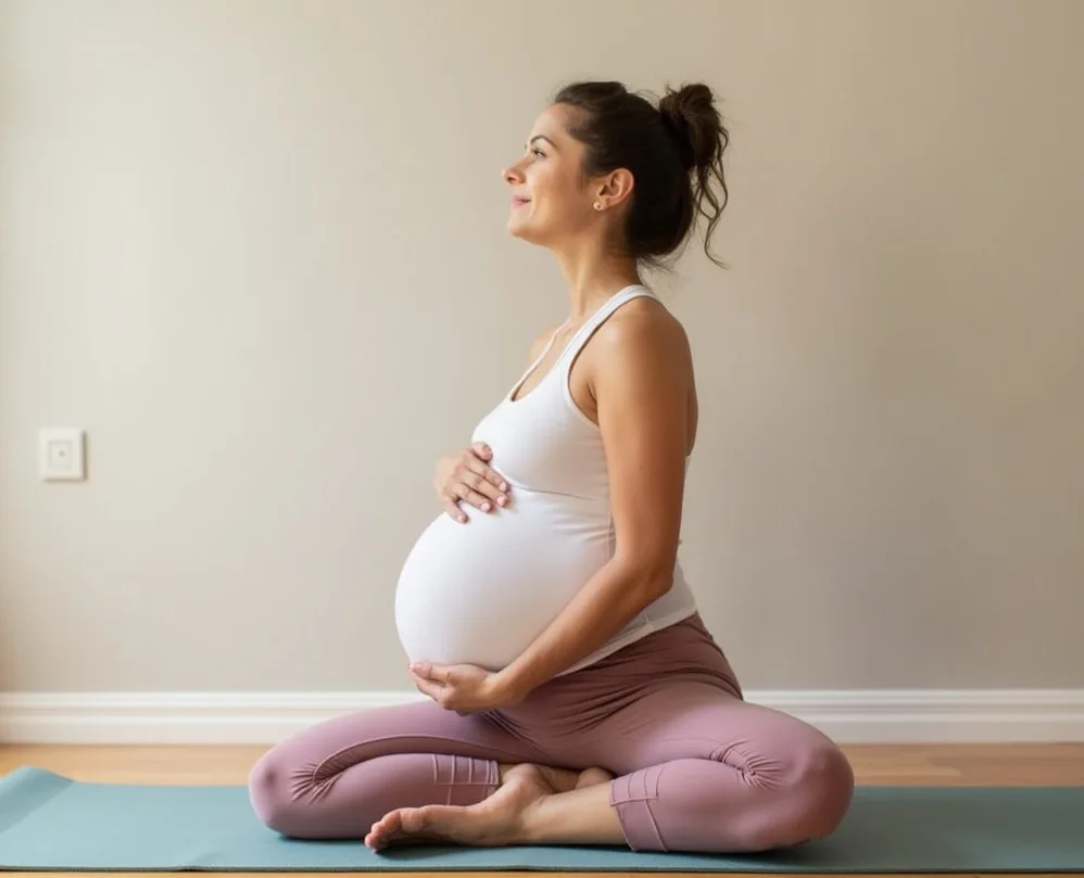 Pregnant women practicing gentle prenatal yoga in peaceful Manchester studio